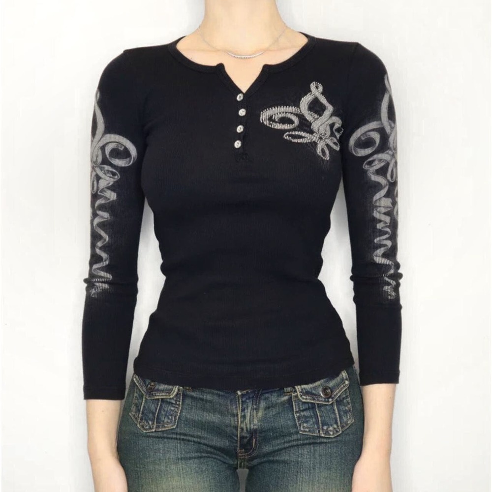 Y2K Vocal Grunge Angel Wings Ribbed Henley Top Black Small Cyber Goth Vintage